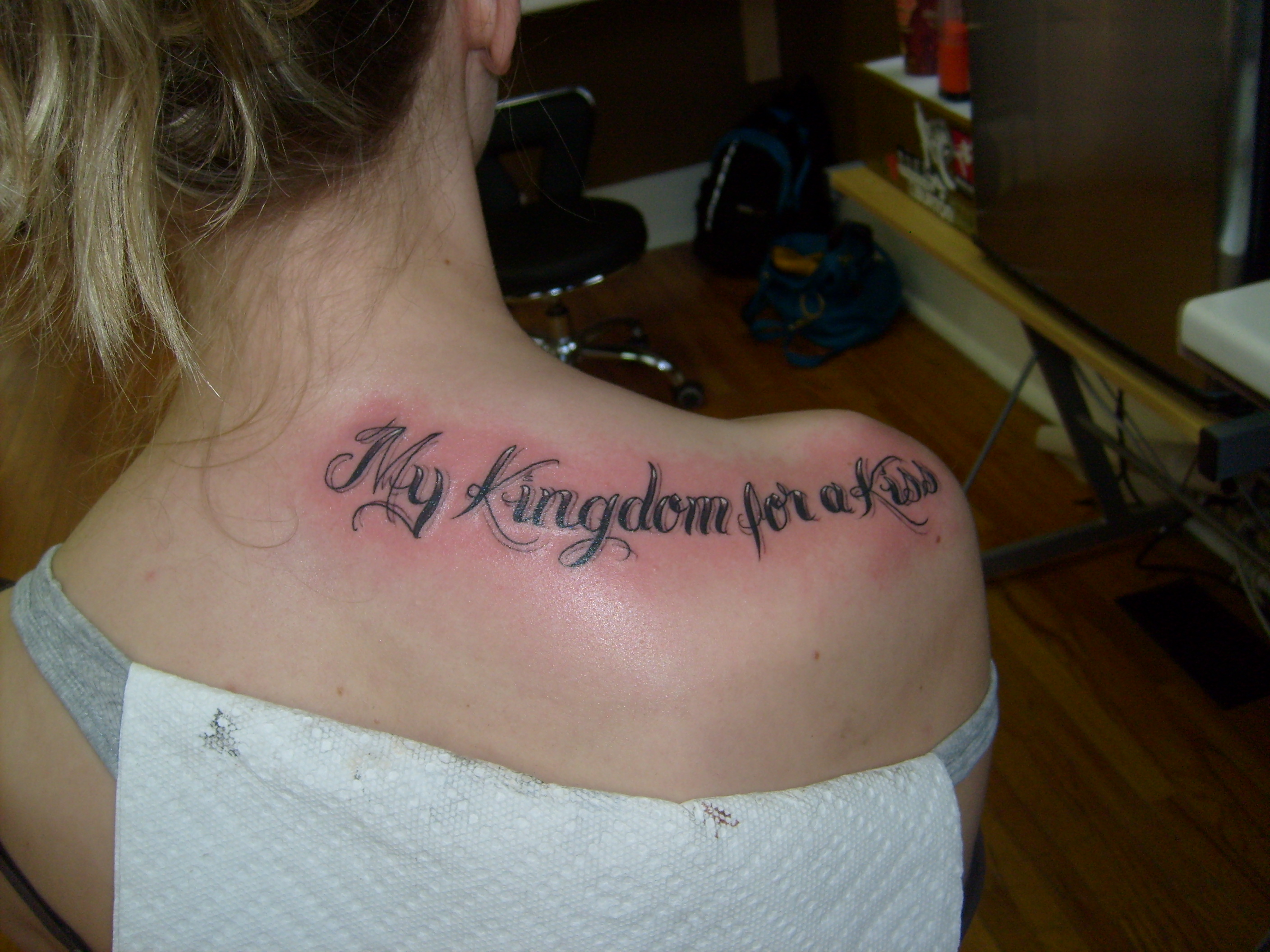 Minimalist My Kingdom For A Kiss Upon Her Shoulder Tattoo Idea